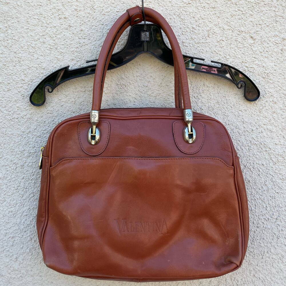 Valentina Cognac Brown Leather Satchel Shoulder Bag Purse